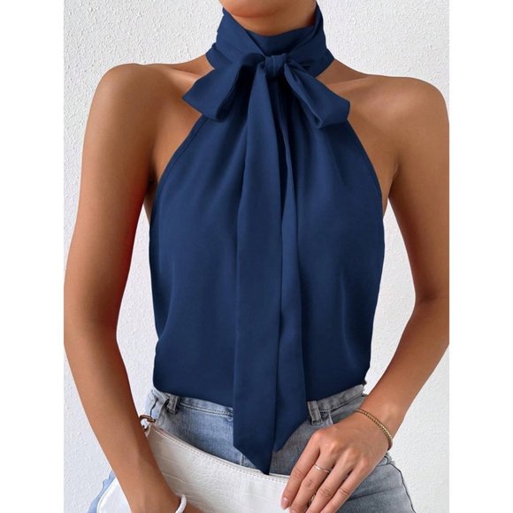 Chic Tie Neck Halter Top Navy Blue - Picture 3 of 6